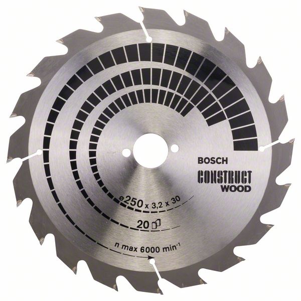 Lame de scie Bosch CONSTRUCT WOOD; 250x3,2x30,0 mm; Z20; 15°