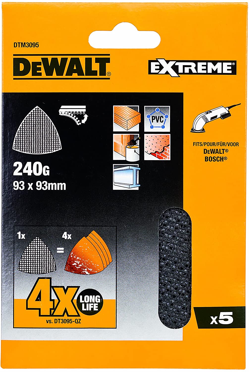 Papier de verre pour ponceuse delta DeWalt DTM3095-QZ; 93x93 mm; P240; 5 unités