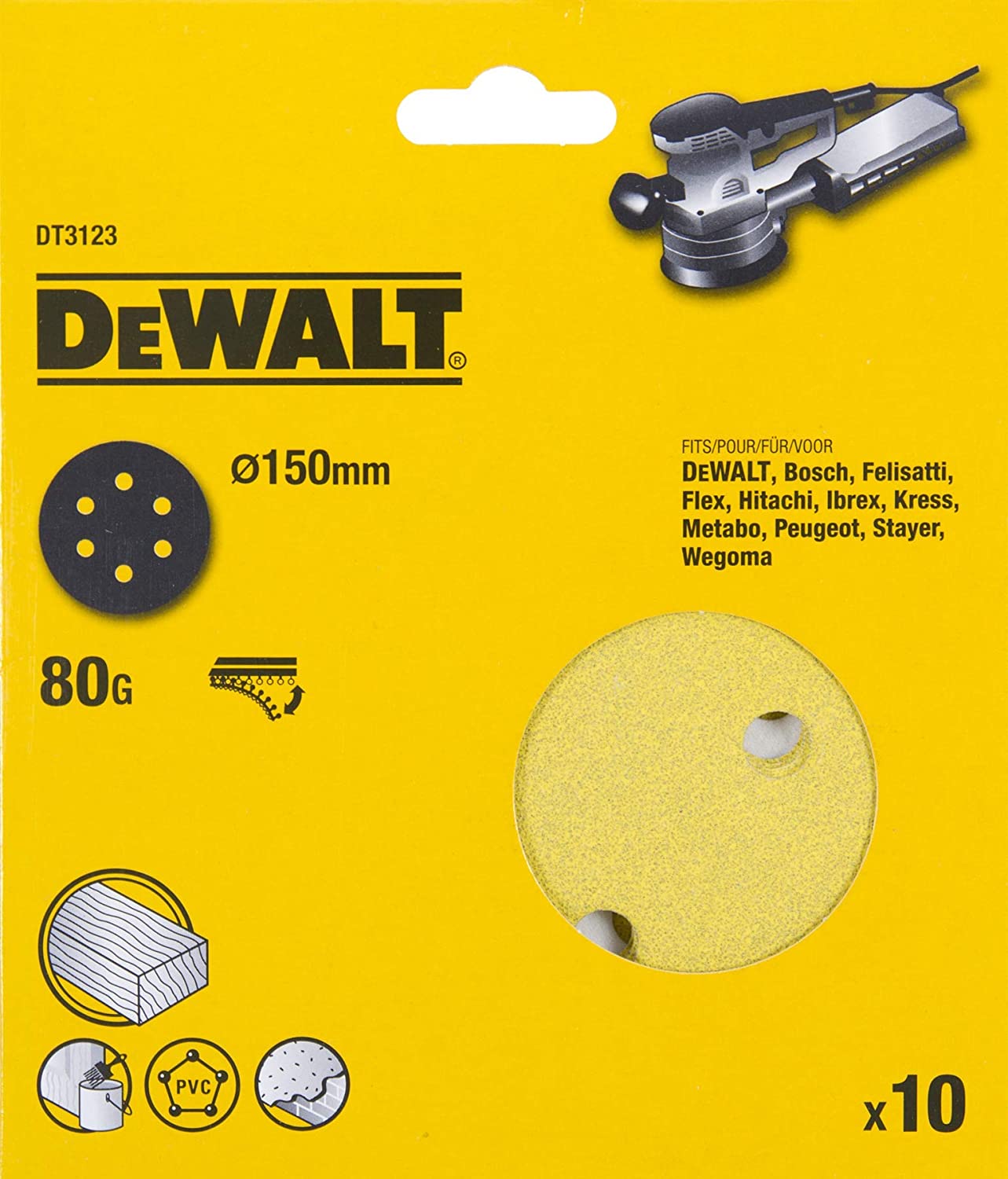 Papier abrasif pour ponceuses orbitales aléatoires DeWalt DT3123-QZ; 150 mm; P80; 10 unités