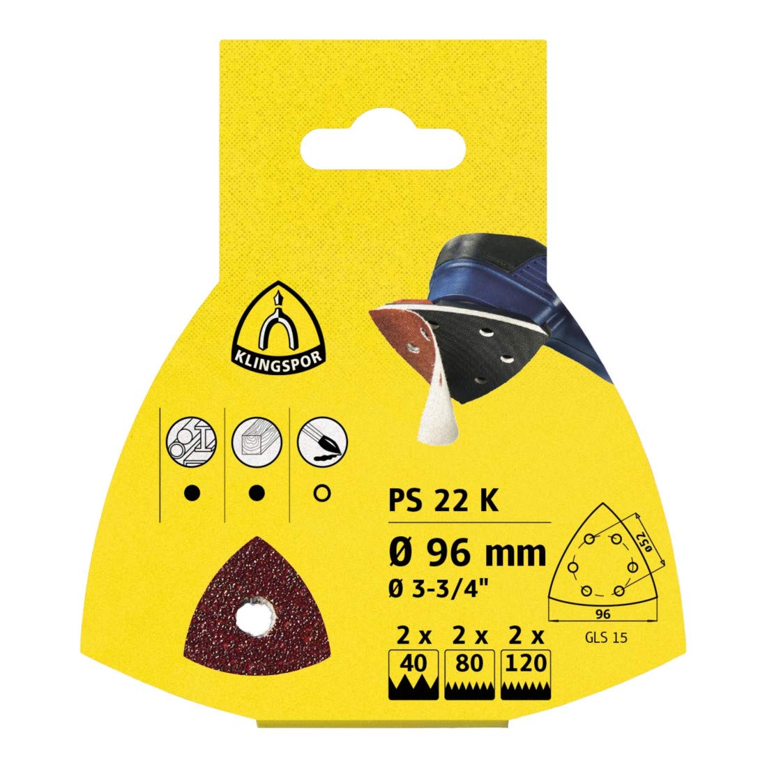 Kit de ponçage pour broyeurs delta Klingspor; PS 22 K; GLS 15; 96 mm; K40/80/120; 6 unités