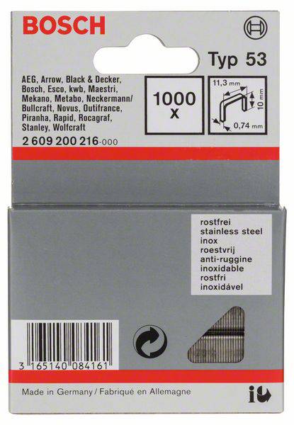 Agrafes Bosch 2609200216; 11,4x10 mm; 1000 pcs .; TYP 53