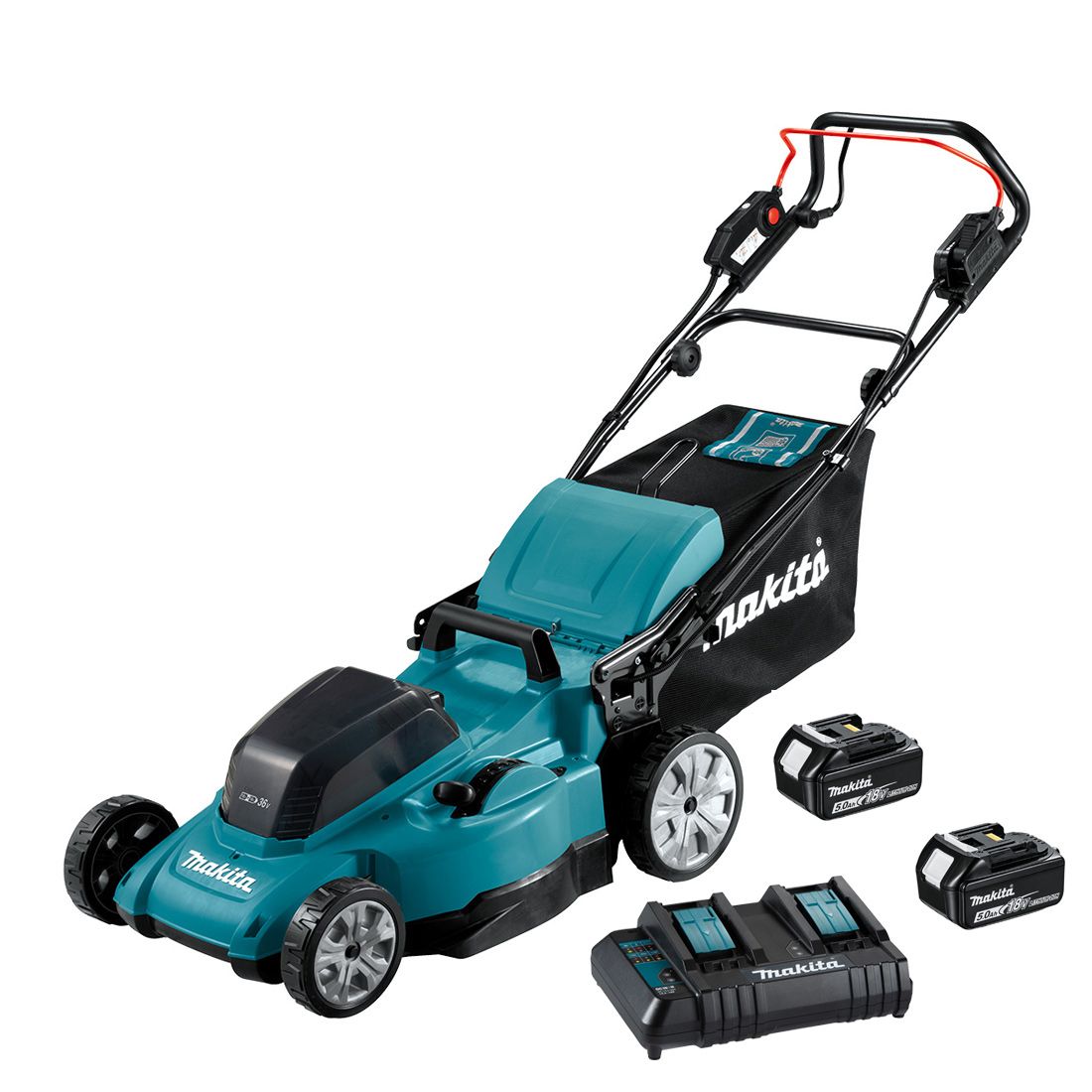 Tondeuse à gazon automotrice sans fil Makita DLM481CT2; 2x18 V; 2x5,0 Ah accu.