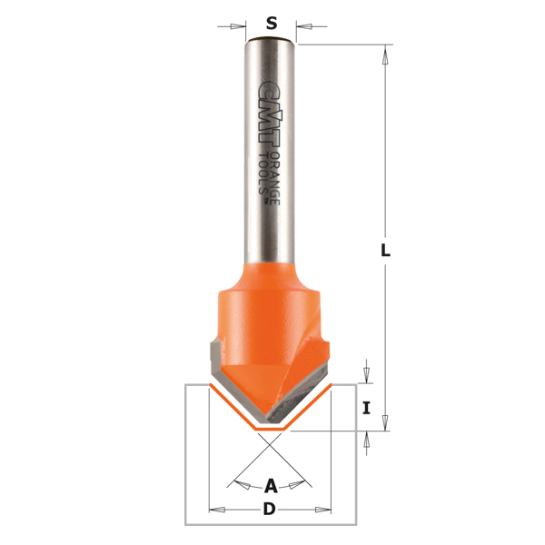 Fraise à rainurer en V CMT; S=1/4''; D=18 mm