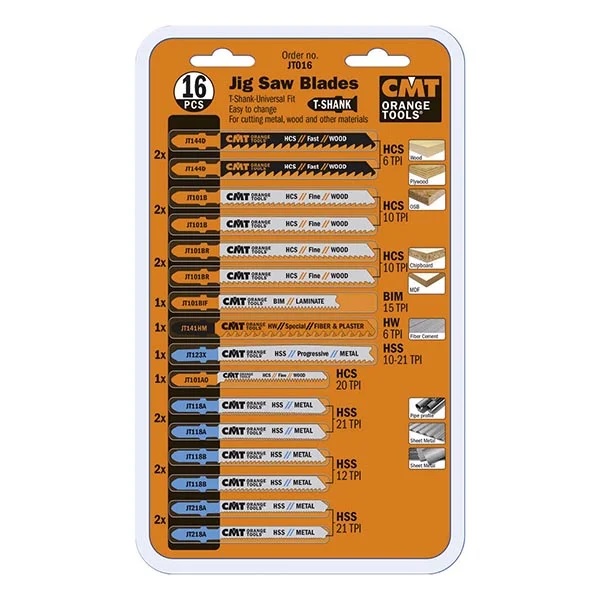 Jeu de lames de scie sauteuse CMT JT144D; JT101B; JT101BR; JT101BIF; JT141HM; JT123X; JT101A0; JT118A; 16 unités