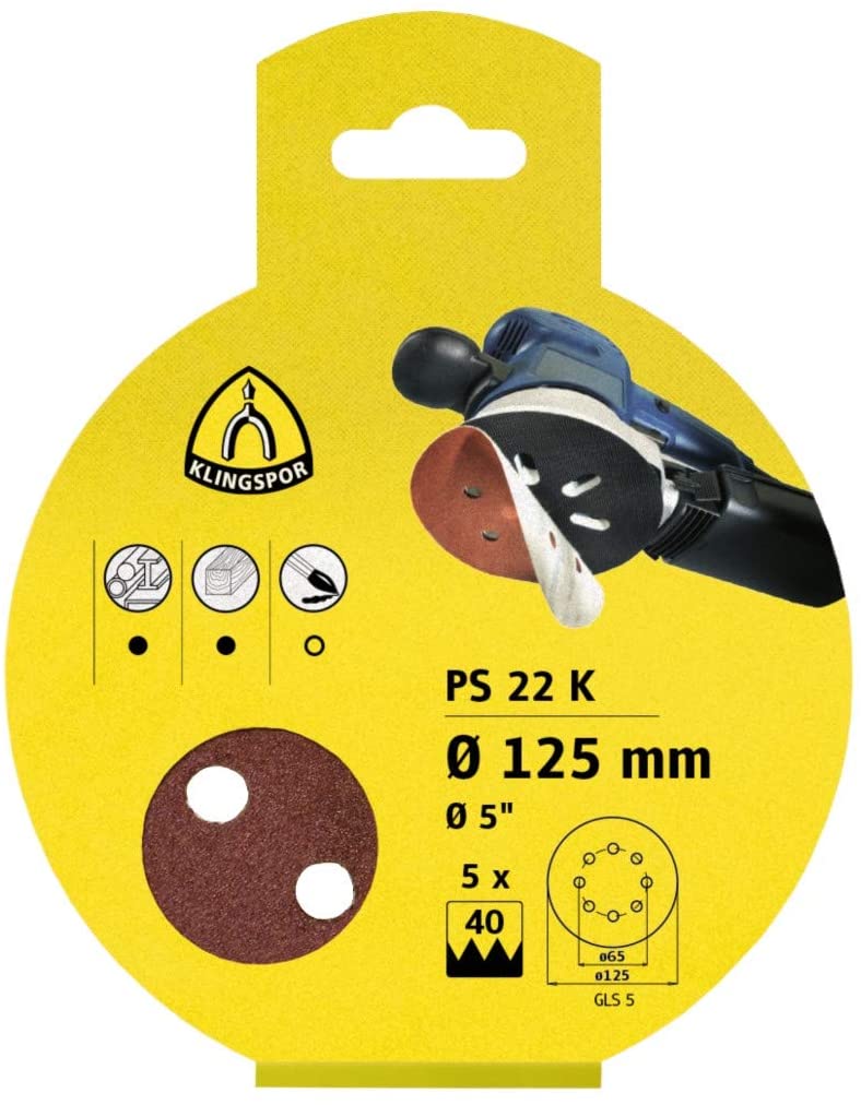 Papier abrasif pour ponceuses orbitales aléatoires Klingspor; PS 22 K; GLS 5; 125 mm;...