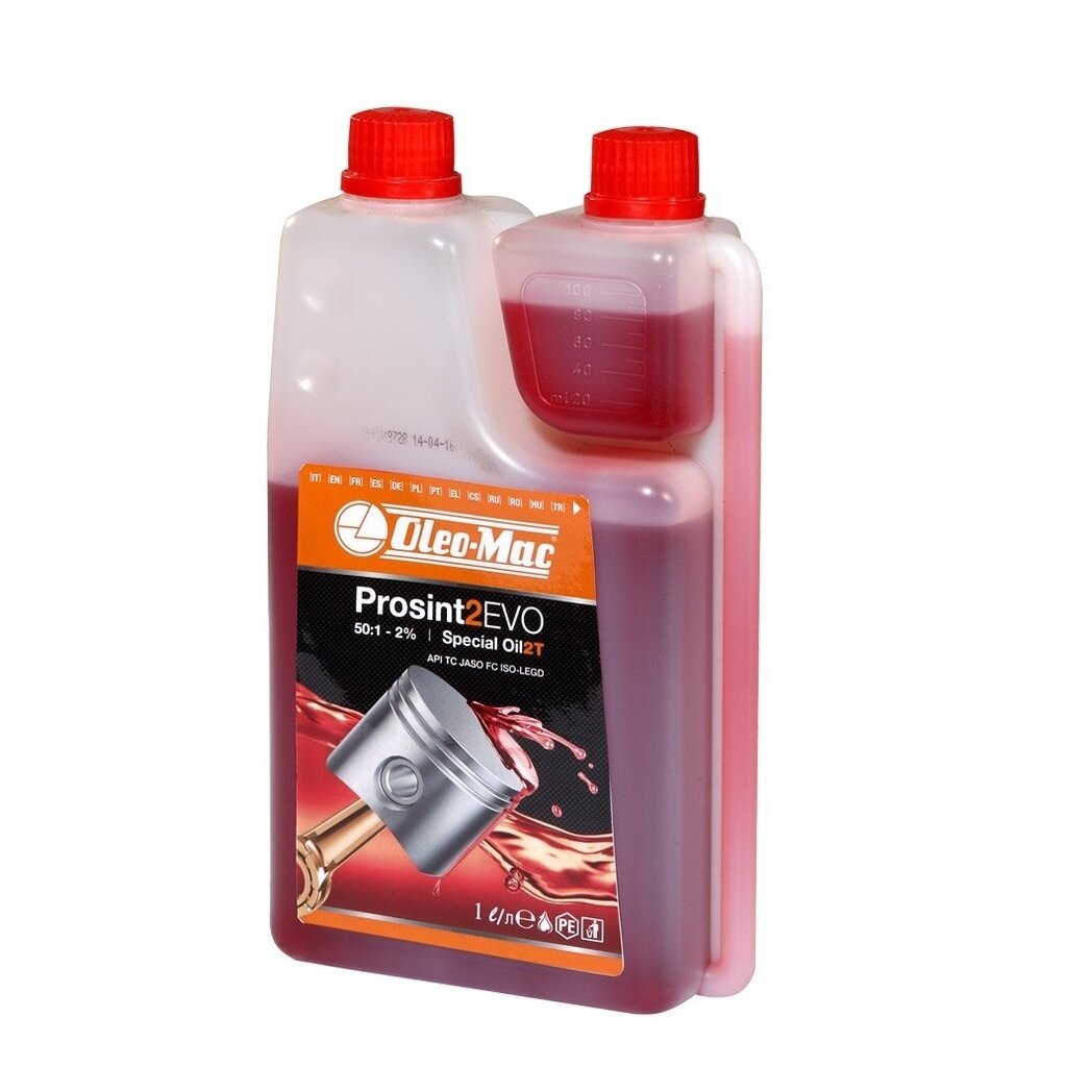 Mélange d'huile pour mélange de carburant pour moteurs à deux temps Oleo-Mac 001001407A; 1 l (avec dosimètre)