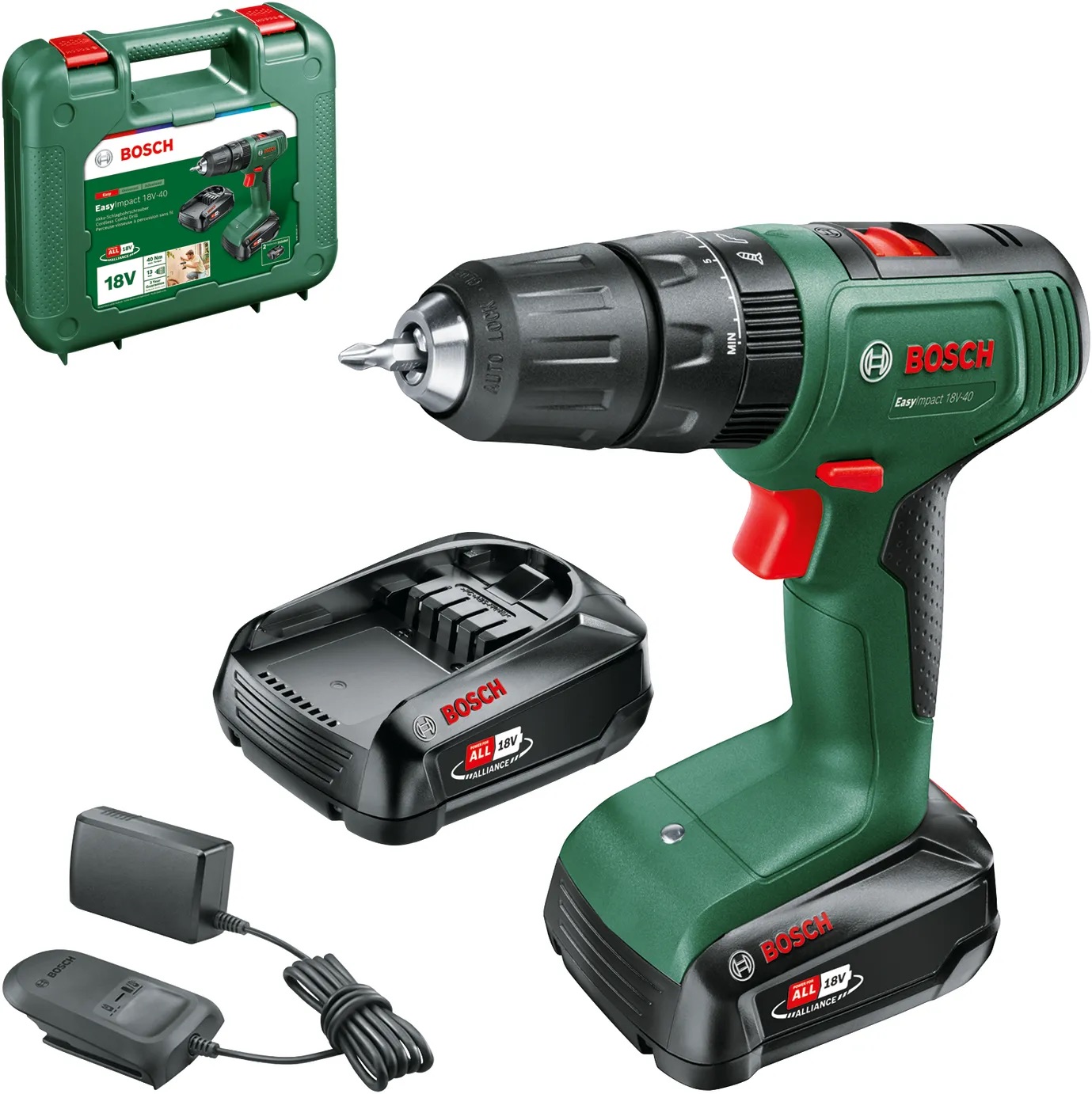 Perceuse à percussion Bosch EasyImpact 18V-40; 18 V; 2x1,5 Ah accu.