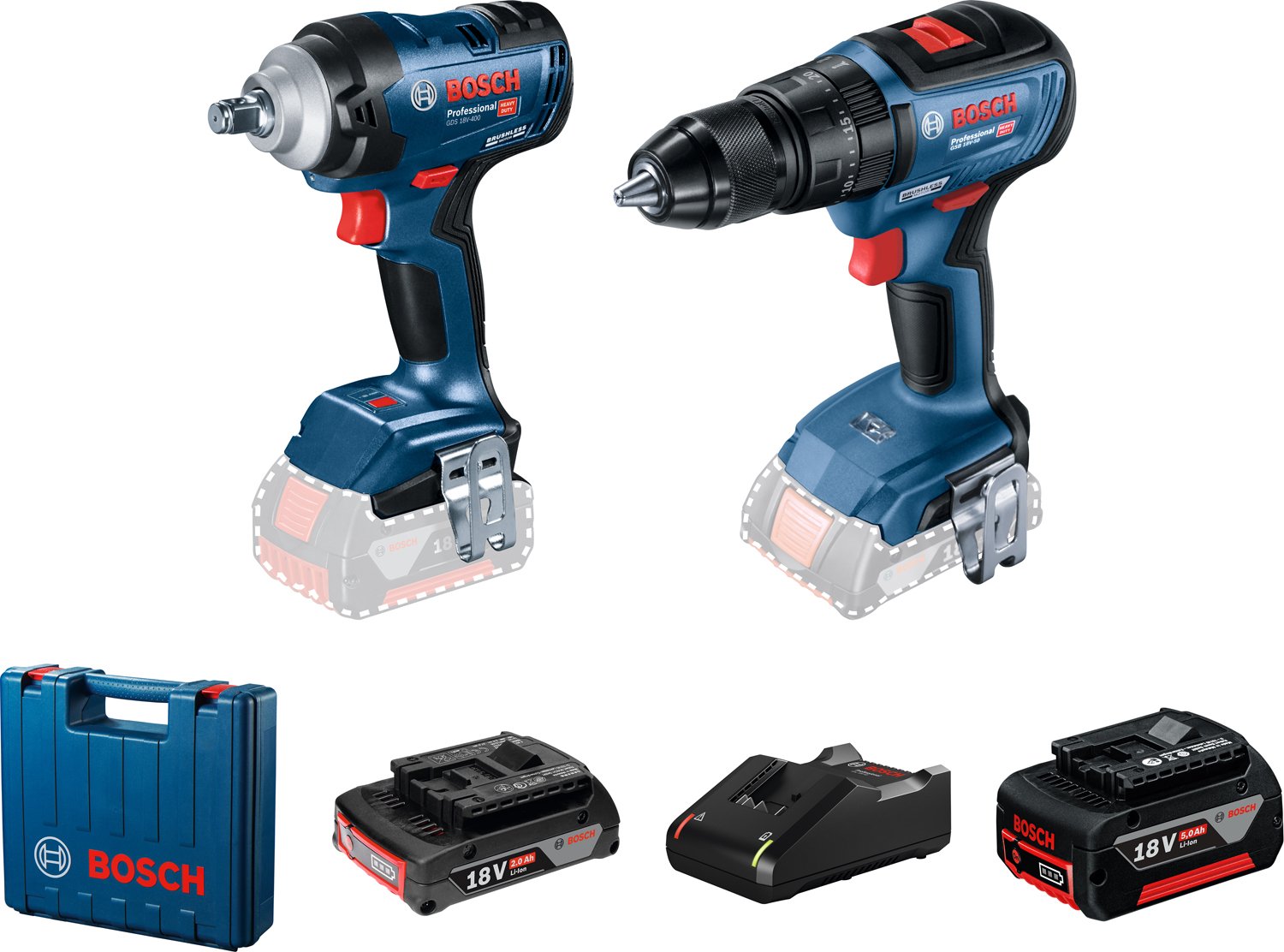 Ensemble d'outils Bosch 06019K0003 (GDS 18V-400 + GSB 18V-50); 18 V; 1x2,0/5,0 Ah accu.