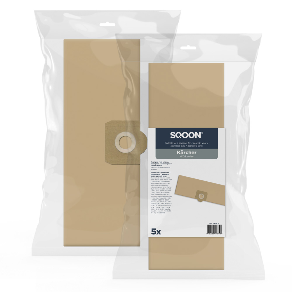 Sacs en papier pour aspirateur SQOON 32119-5; Karcher WD3 Series/Rowenta Bully; 5 unités