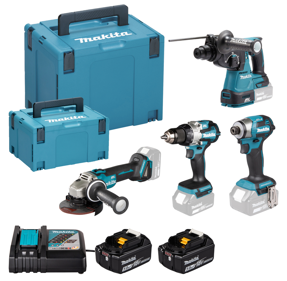 Ensemble d'outils Makita DLX4200JX1 (DDF489+DGA504+DHR242+DTD173); 18 V; 2x5,0 Ah accu.