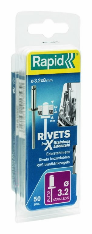 Rivets Rapid 5000393; 3,2x8 mm; 50 pcs .; acier inoxydable