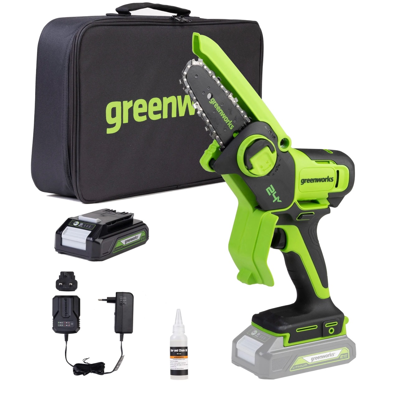 Tronçonneuse Greenworks G24MCS10K2; 24 V; 1x2,0 Ah accu.