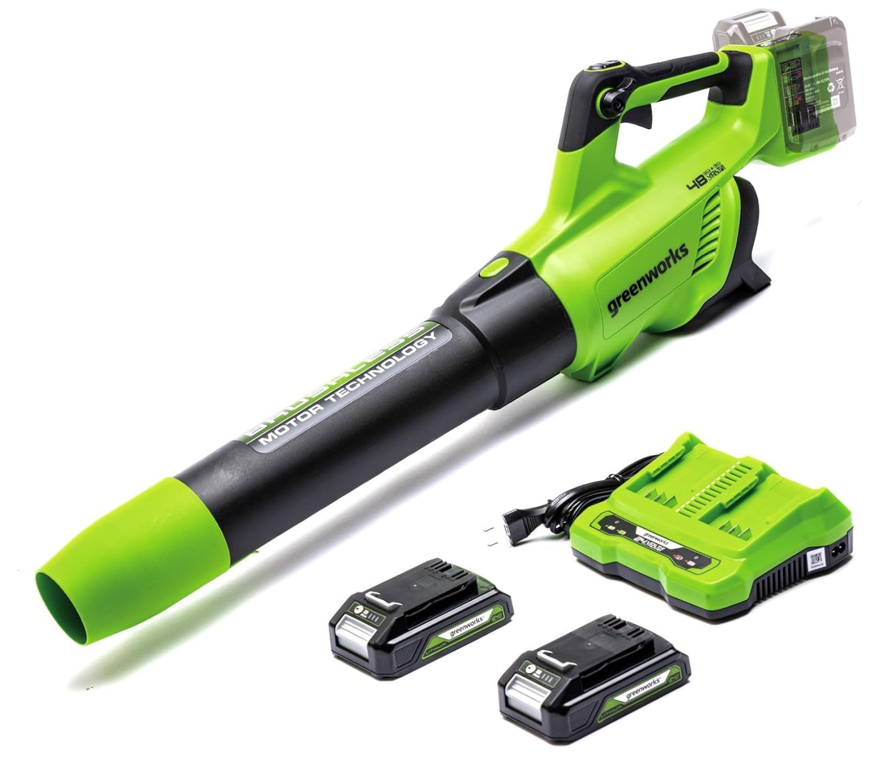 Souffleur de feuilles sans fil Greenworks GD24X2ABK2X; 48 V; 2x2,0 Ah accu.
