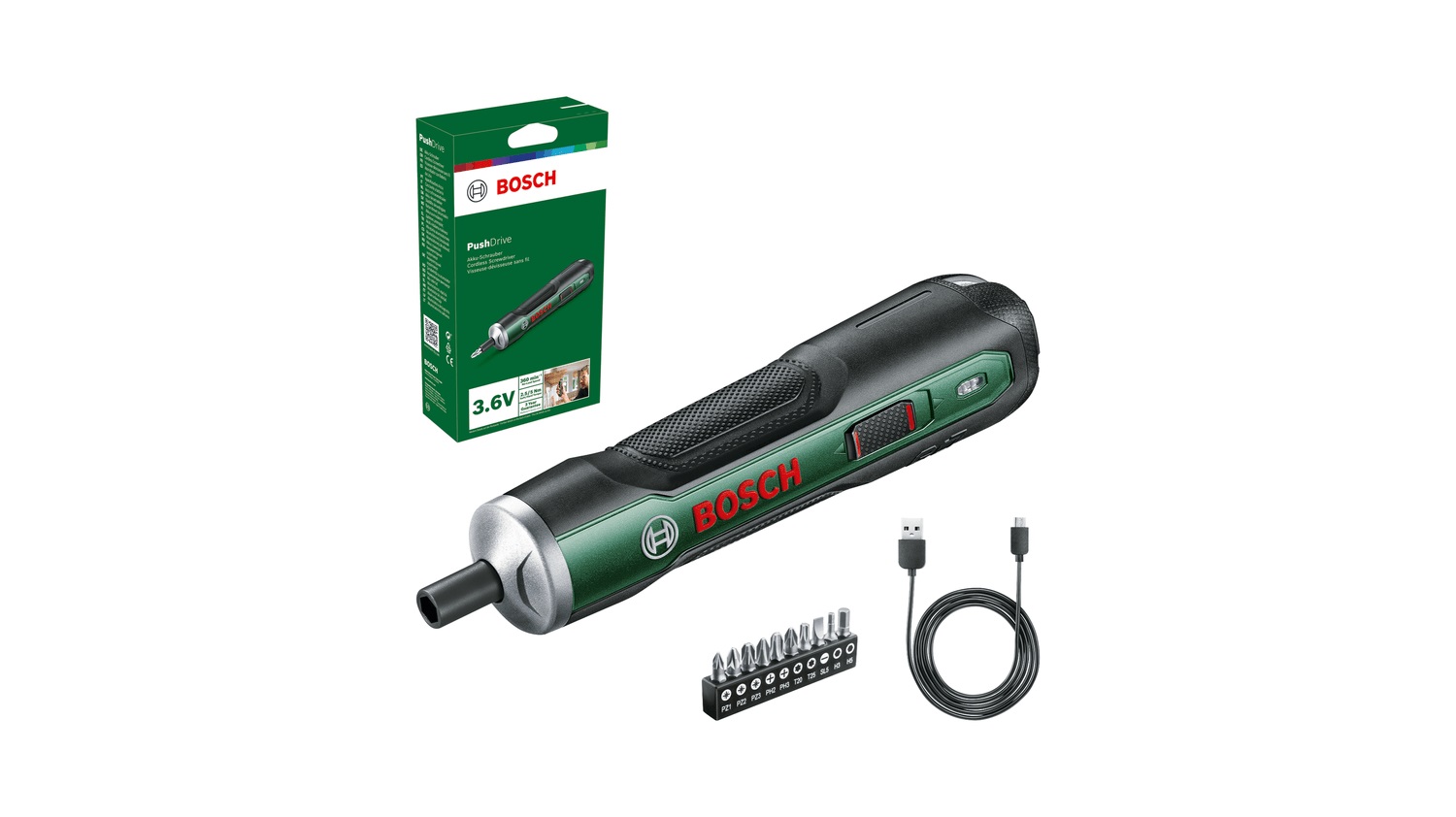 Tournevis Bosch PushDrive; 3,6 V; 1x1,5 Ah accu.