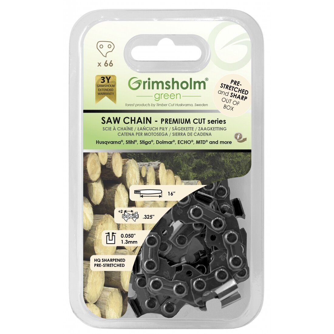 Chaîne de scie Grimsholm Premium Cut; 16''; 40 cm; .325''; 66; 1,3 mm