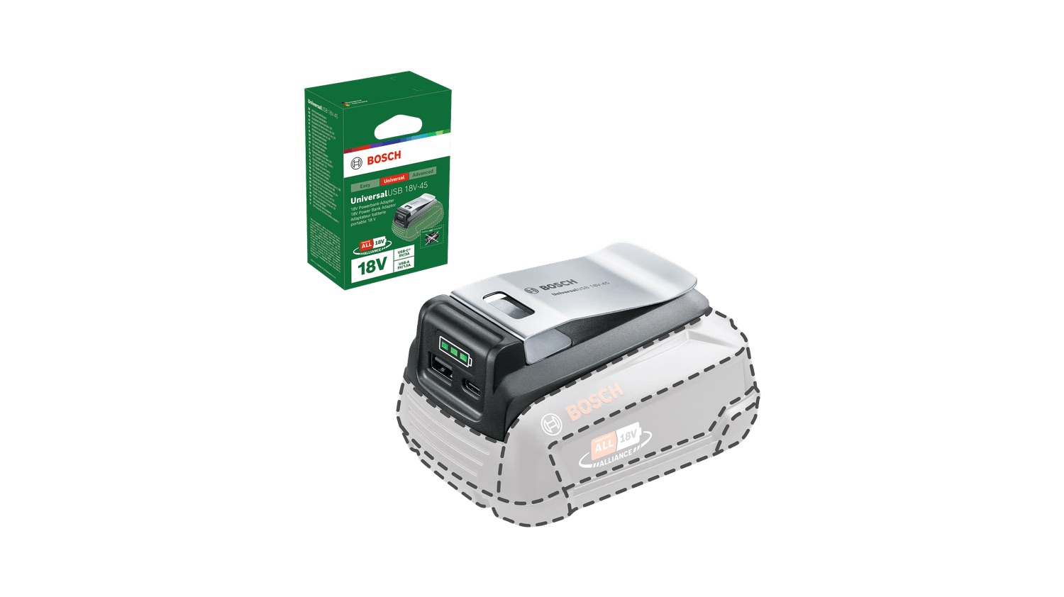 Adaptateur de batterie Bosch UniversalUSB 18V-45 -> USB (x2) Pour charger les batteries du telephone