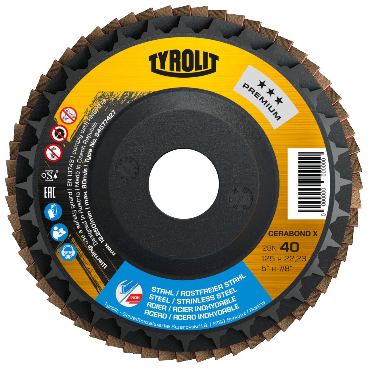 Meule-éventail Tyrolit 34577063; 125x22,23 mm; K60