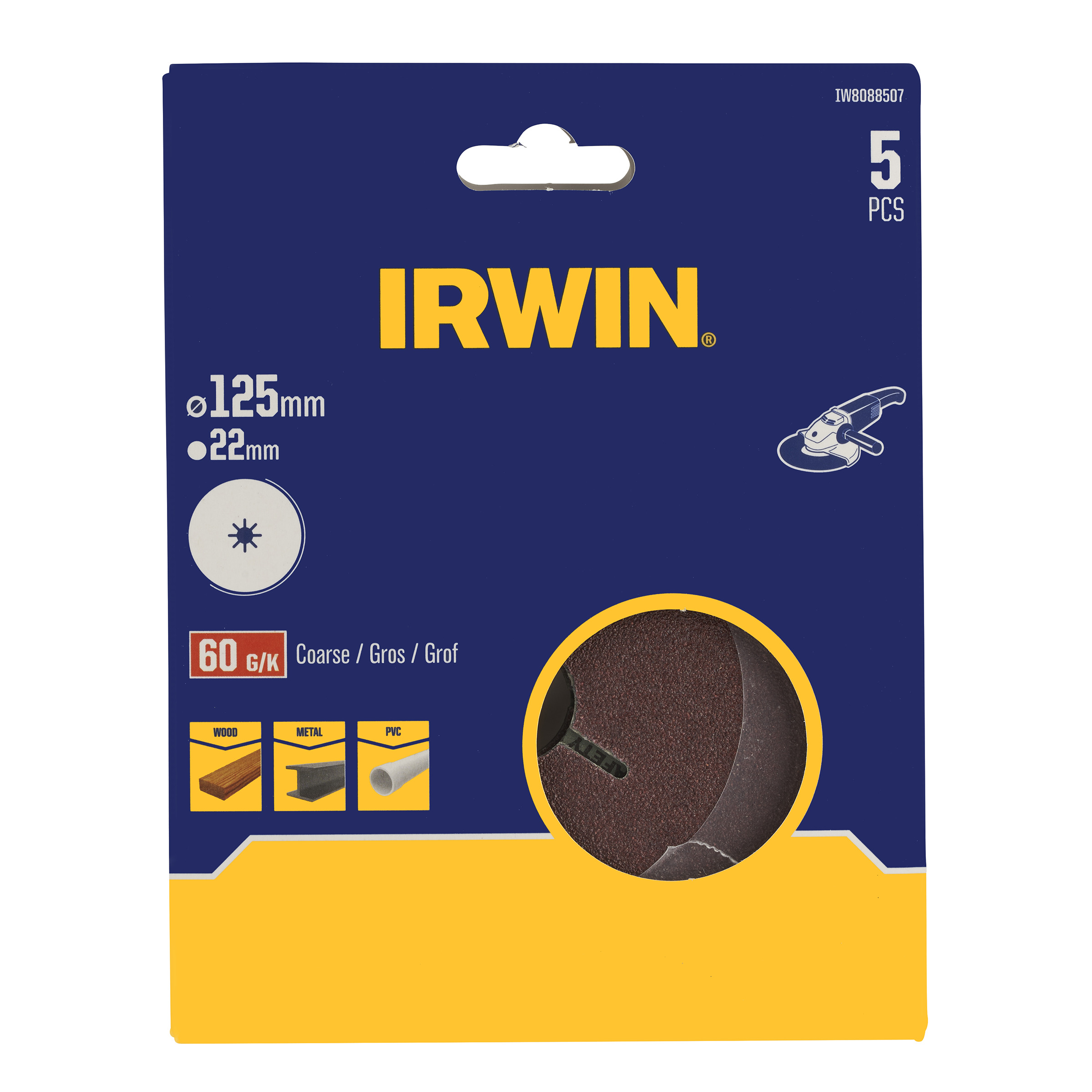 Feuille de ponçage pour meuleuse d'angle Irwin IW8088507; 125 mm; K60; 5 unités