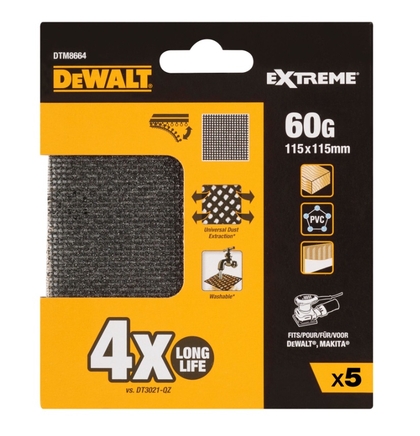 Abrasif maillé DeWalt DTM8664-QZ; 115x115 mm; K60; 5 unités