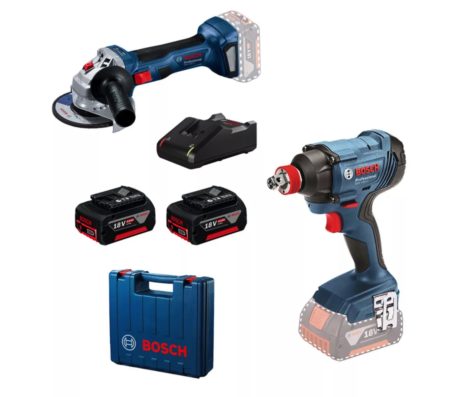 Ensemble d'outils Bosch 0615990N1U (GDX 180-LI + GWS 180-LI); 18V; 2x4,0 Ah accu.