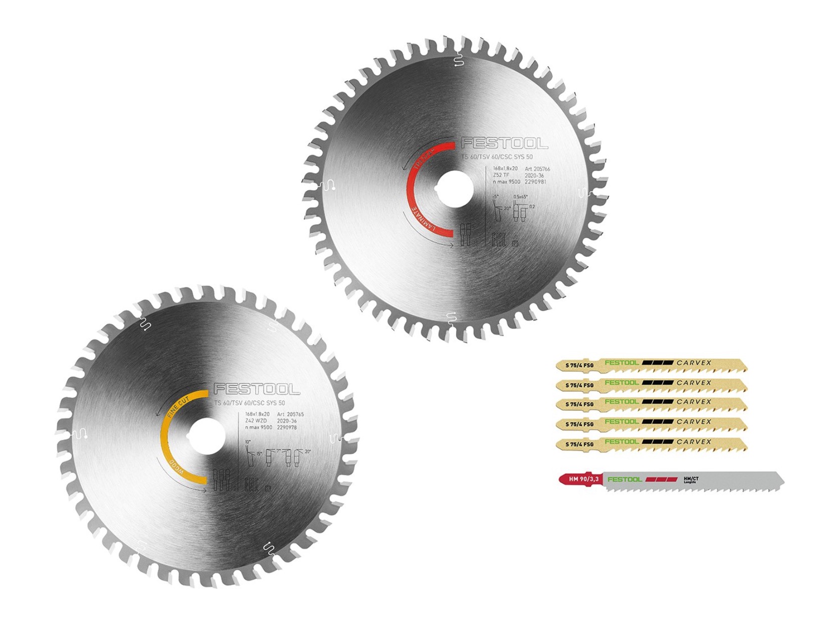Disques de coupe Festool KSB-SORT/2 W/L; 168x1,8x20 mm; Z42/Z52; 10/-5°; 2 pcs. + lames pour scie sauteuse