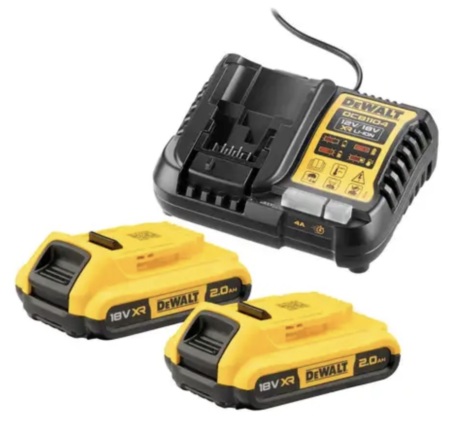 Batterie DeWalt DCB1104D2-QW; 18 V; 2,0 Ah; Li-ion; 2 unités + chargeur