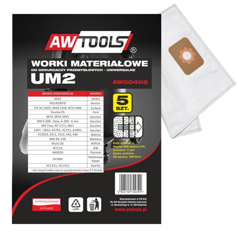 Sacs à poussière  AWTools AW00402; UM2; 5 unités