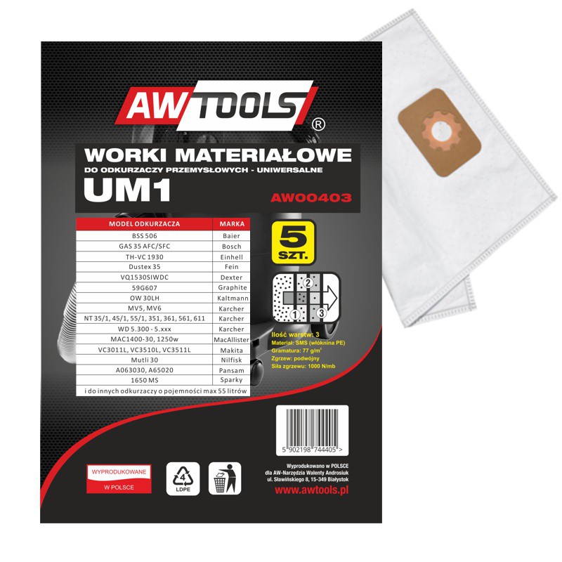Sacs à poussière  AWTools AW00403; UM1; 5 unités
