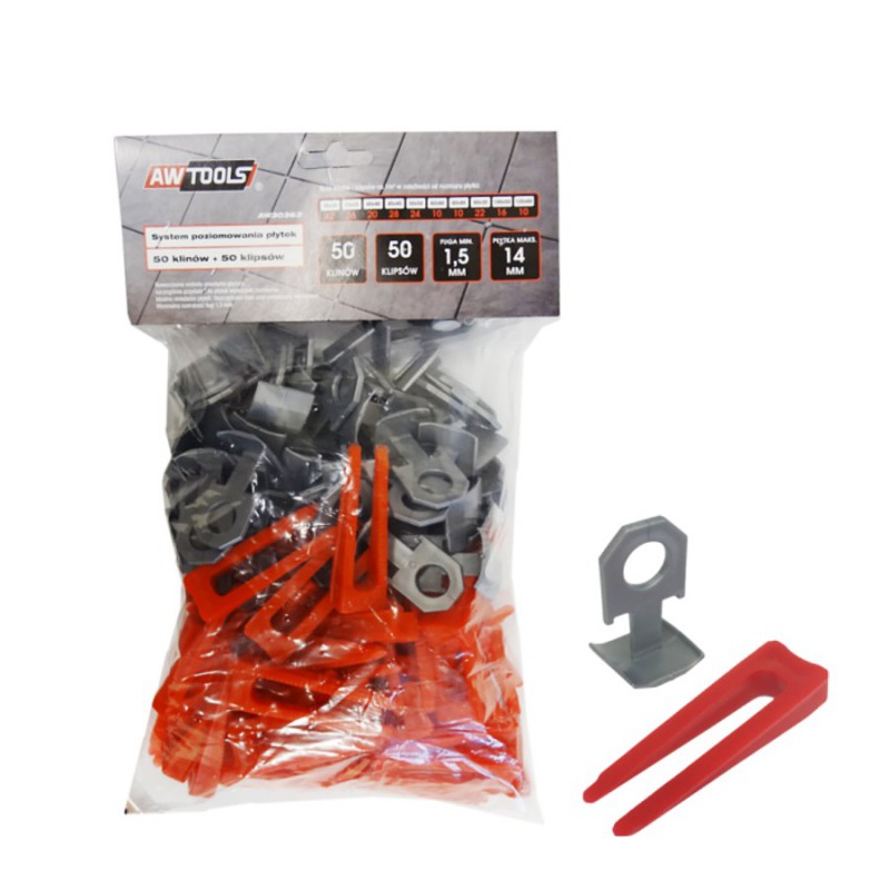 Set de nivellement AWTools AW30363; 1,5 mm; 7-15 mm; 50+50 unités