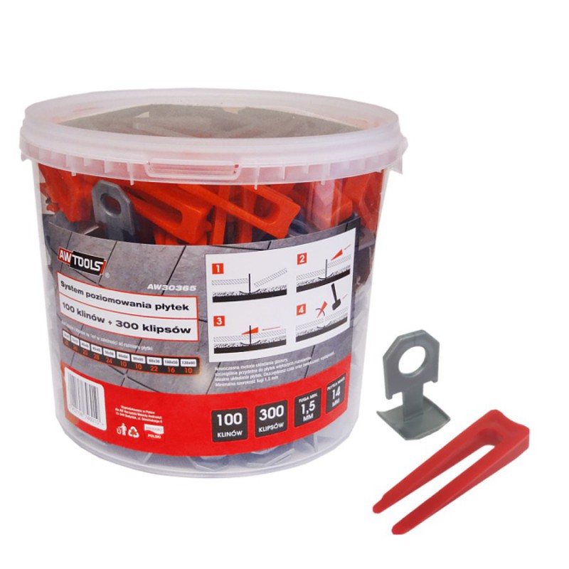Set de nivellement AWTools AW30365; 1,5 mm; 7-15 mm; 300+100 unités