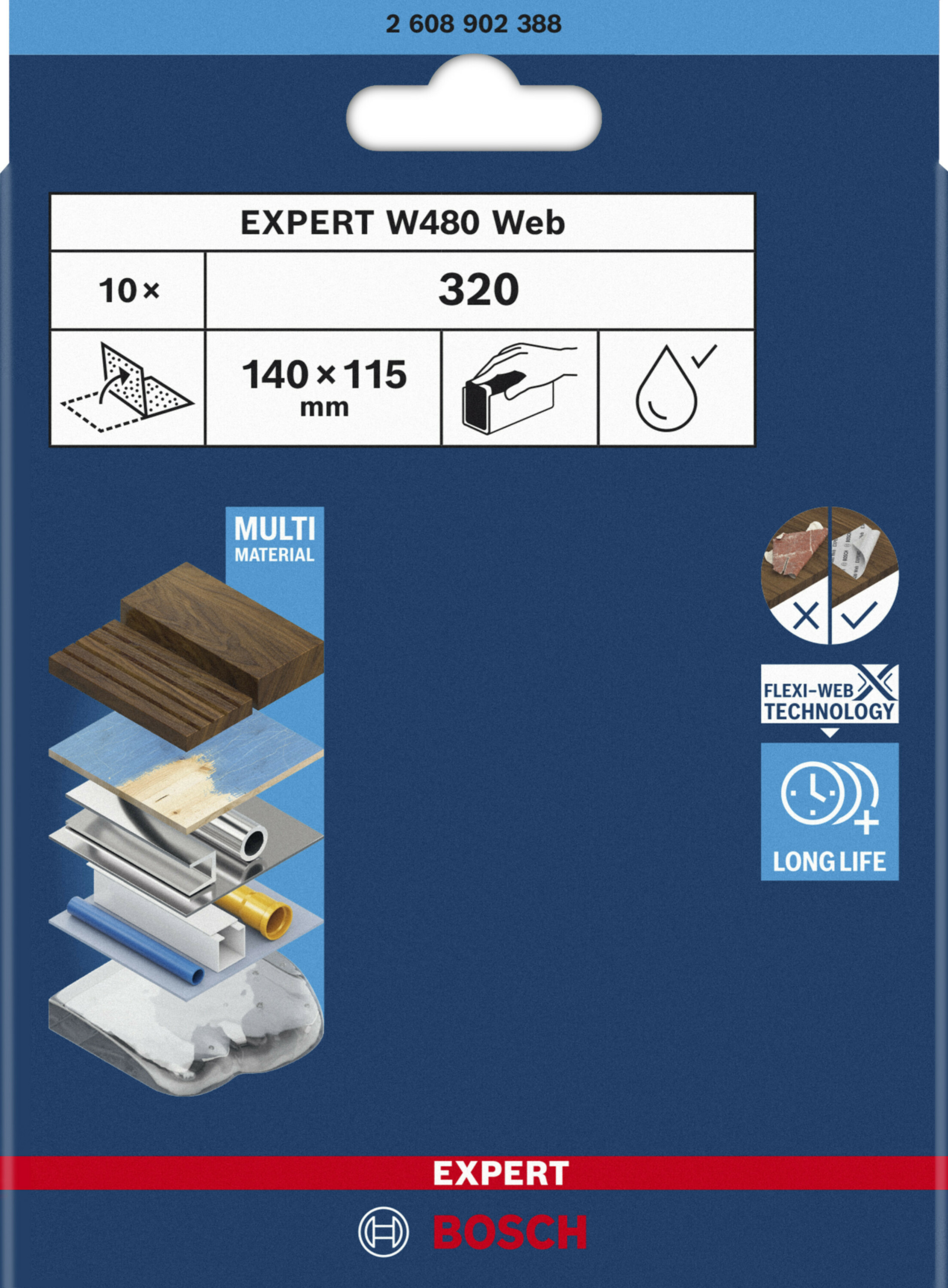 Papier de sable Bosch EXPERT; W480 Web; 115x140 mm; P320; 10 unités