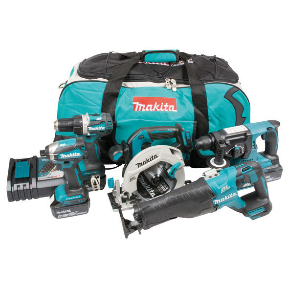 Ensemble d'outils Makita DLX5032T (DDF484 + DTD153 + DHS680 + DJR187 + DHR242); 18 V; 3x5,0 Ah accu.