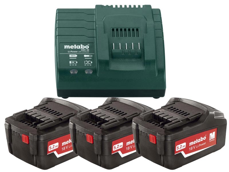 Batterie Metabo 18 V; 5,2 Ah; Li-ion; 3 pcs + Chargeur Metabo ASC 30-36